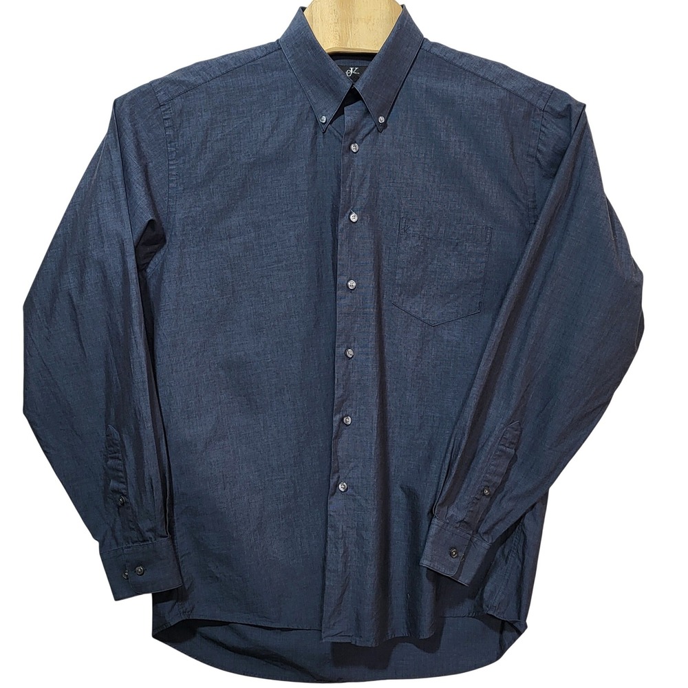 Calvin Klein Mens Dress Shirt 16.5 36/37 L Dark‎ Blue 2-Ply Cotton Button Down